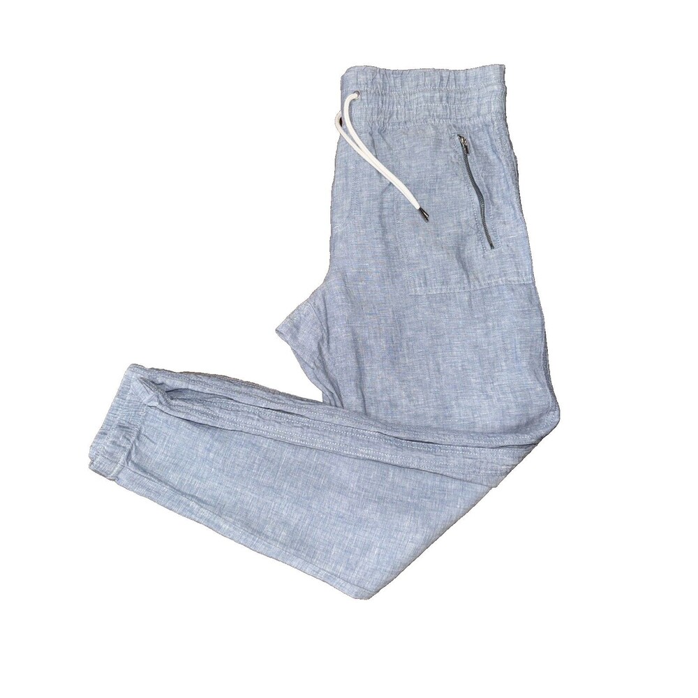 Athleta Cabo Linen Jogger Pants Blue Chambray Relaxed Fit 100% Linen Size 8